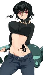 Rule 34 | 1girl, absurdres, artist name, black hair, black pants, black sweater, breasts, cowboy shot, cropped sweater, female focus, glasses, highres, holding, hunter x hunter, large breasts, looking at viewer, midriff, navel, pants, parted lips, purple eyes, shizuku murasaki, short hair, solo, spider tattoo, sweater, tattoo, turtleneck, vacuum cleaner, whoopsatro