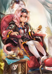 Rule 34 | &gt; &lt;, 1girl, absurdres, animal, animal ears, arknights, armchair, black jacket, black skirt, blue bow, boots, bow, braid, breasts, brown eyes, cat, cat ears, cat girl, cat tail, chair, closed eyes, closed mouth, collarbone, commentary, cookie, drink, drinking straw, food, goldenglow (arknights), hair between eyes, hair bow, hair over shoulder, highres, holding, holding food, jacket, long hair, long sleeves, looking at viewer, on chair, open clothes, open jacket, orb, pink footwear, pink hair, ribbed legwear, sanktkaisersavia, shirt, single braid, sitting, skirt, small breasts, smile, solo, staff, tail, thighhighs, thighhighs under boots, white shirt, white thighhighs