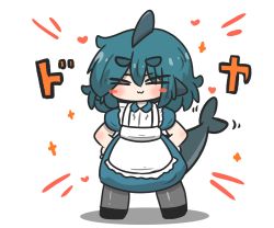 Rule 34 | 1girl, :3, alternate costume, apron, black footwear, blue dress, blue hair, blush, blush stickers, closed eyes, closed mouth, commentary request, dress, enmaided, facing viewer, fins, fish tail, frilled apron, frills, fuka-chan, full body, grey pantyhose, hair between eyes, hands on own hips, highres, maid, maid apron, original, pantyhose, puffy short sleeves, puffy sleeves, shadow, shark tail, shoes, short eyebrows, short sleeves, simple background, solo, standing, tail, thick eyebrows, uni souchou, white apron, white background
