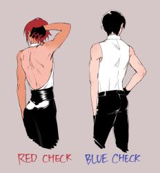 2boys alternate_costume arm_behind_head backless_outfit bad_id bad_twitter_id black_gloves black_hair cropped_torso english_text ensemble_stars! from_behind gloves grey_background hand_on_own_hip hidaka_hokuto isara_mao male_focus multiple_boys red_hair simple_background sleeveless