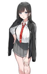 Rule 34 | 1girl, :o, adidas, bare legs, black hair, blue eyes, blush, grey skirt, hand on own hip, highres, jacket, jacket on shoulders, long hair, looking at viewer, mole, mole under mouth, necktie, open clothes, open jacket, original, parted lips, pleated skirt, product placement, school uniform, simple background, skirt, sleeves rolled up, solo, suzuharu toufu, swept bangs, thighs, track jacket, tsurime, white background