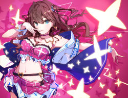 Rule 34 | 1girl, ahoge, azumi akitake, belt, blue eyes, blush, breasts, brown hair, cleavage, commentary request, earrings, finger to mouth, highres, ichinose shiki, idolmaster, idolmaster cinderella girls, jacket, jewelry, lips, long hair, looking at viewer, medium breasts, midriff, nail polish, navel, necklace, off shoulder, pink nails, sketch, skirt, smile, solo, star (symbol), strapless, test tube, wavy hair, wrist cuffs