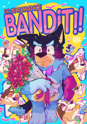 1boy 3girls absurdres bandit_heeler bingo_heeler bluey bluey_heeler blush bouquet bow bowtie box chilli_heeler flower furry ganbare!_nakamura-kun!! halftone heart-shaped_box highres holding holding_bouquet multiple_girls nyanaknifegal parody signature sweatdrop title_parody