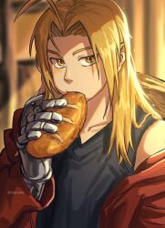 Rule 34 | 1boy, automail, black shirt, blonde hair, bread, eating, edward elric, food, food in mouth, fullmetal alchemist, highres, holding, holding food, jacket, long hair, looking at viewer, male focus, mechanical arms, namo (mubulike), off shoulder, open clothes, open jacket, prosthesis, prosthetic arm, red jacket, shirt, single mechanical arm, sleeveless, sleeveless shirt, solo, twitter username, yellow eyes