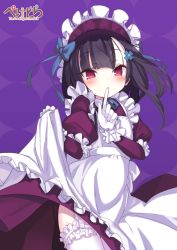 Rule 34 | 1girl, apron, armadillon, black dress, blue bow, blunt bangs, blush, bow, bowtie, clothes lift, cowboy shot, cross hair ornament, dress, dress lift, finger to mouth, frilled apron, frilled thighhighs, frills, garter straps, gloves, hair bow, hair ornament, hairclip, highres, long eyelashes, long sleeves, looking at viewer, maid, maid apron, maid headdress, original, patterned background, puffy long sleeves, puffy sleeves, purple background, red eyes, solo, thighhighs, white gloves, white thighhighs