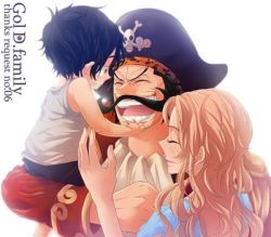 Rule 34 | 1girl, 2boys, aged down, black hair, blonde hair, carrying, child, facial hair, family, father and son, freckles, gol d. roger, hat, jolly roger, multiple boys, mustache, one piece, pirate, pirate hat, portgas d. ace, portgas d. rouge, smile, time paradox, tricone