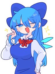 Rule 34 | 1girl, aged up, alternate breast size, alternate hair length, alternate hairstyle, blue dress, blue eyes, blue hair, breasts, cirno, collared shirt, dress, highres, ice, ice wings, large breasts, long dress, long hair, long sleeves, neck ribbon, one eye closed, op na yarou, pinafore dress, puffy short sleeves, puffy sleeves, red ribbon, ribbon, shirt, short sleeves, simple background, sleeveless dress, solo, touhou, white background, white shirt, wings