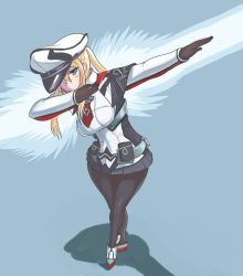 Rule 34 | 1girl, belt pouch, black gloves, black pantyhose, black skirt, blonde hair, blue eyes, blush, breasts, capelet, closed mouth, commentary, cross, dab (dance), full body, german clothes, german text, gloves, graf zeppelin (kancolle), hat, highres, iron cross, jacket, kantai collection, large breasts, long hair, military, military hat, military uniform, miniskirt, necktie, pantyhose, peaked cap, pleated skirt, pouch, profitshame, shadow, simple background, skirt, solo, twintails, uniform, white hat, white jacket