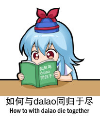 Rule 34 | 1girl, blue hair, blue hat, book, brown eyes, chinese text, english text, engrish text, hat, holding, holding book, jokanhiyou, kamishirasawa keine, looking away, open book, ranguage, reading, red ribbon, ribbon, simplified chinese text, solo, touhou, translation request