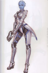Rule 34 | 1girl, absurdres, alien, asari (mass effect), blue eyes, blue lips, blue skin, bodysuit, boots, breasts, character name, colored skin, contrapposto, full body, gun, highres, legs apart, liara t&#039;soni, lipstick, m-5 phalanx, makeup, mass effect (series), mass effect 1, medium breasts, non-web source, simple background, solo, standing, weapon, white background, yamashita shun&#039;ya