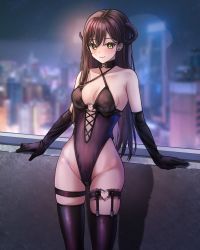 Rule 34 | 1girl, backlighting, bang dream!, bare hips, bare shoulders, black gloves, black leotard, black thighhighs, blush, breasts, brown hair, city, cleavage, closed mouth, collarbone, criss-cross halter, demon horns, elbow gloves, gloves, gluteal fold, halterneck, hanazono tae, heart, heart o-ring, highleg, highleg leotard, highres, horns, leotard, long hair, looking at viewer, medium breasts, night, outdoors, ptal, skindentation, smile, solo, standing, thighhighs, very long hair, yellow eyes