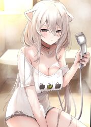 Rule 34 | 1girl, animal ear fluff, animal ears, bathroom, blush, breasts, choker, cleavage, closed mouth, collarbone, commentary request, denim, denim shorts, double-parted bangs, frown, grey eyes, grey hair, hair between eyes, hand up, highres, holding, holding shower head, hololive, indoors, jewelry, large breasts, lion ears, long hair, looking at viewer, necklace, nerorigogo, off shoulder, shirt, shishiro botan, shishiro botan (casual), short sleeves, shorts, shower head, single off shoulder, thighs, v-shaped eyebrows, very long hair, virtual youtuber, wet, wet clothes, wet shirt, white shirt