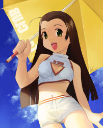 Rule 34 | 1girl, breasts, brown eyes, brown hair, cleavage, cleavage cutout, clothing cutout, long hair, medium breasts, non-web source, open mouth, race queen, shorts, solo, umbrella