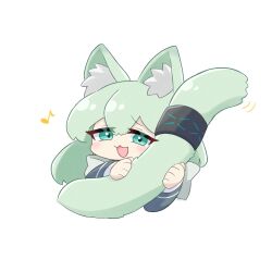 Rule 34 | 1girl, :d, animal ear fluff, arknights, black jacket, blush, chibi, commentary request, cropped torso, eighth note, green eyes, green hair, hair between eyes, hands up, harmonie (arknights), highres, holding own tail, jacket, looking at viewer, mooootmt, musical note, open mouth, simple background, smile, solo, tail, upper body, white background