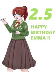Rule 34 | 1girl, absurdres, alternate hairstyle, aqua eyes, artist name, artist request, bare legs, blue eyes, blush, bow, bowtie, breasts, bright and cheery new year (love live!), brown hair, brown skirt, buttons, dress, dress shirt, emma verde, female focus, flower print, freckles, green jacket, green scrunchie, hair between eyes, hair ornament, hair scrunchie, high ponytail, highres, holding, holding paintbrush, jacket, long hair, long sleeves, looking at viewer, love live!, love live! nijigasaki high school idol club, love live! school idol festival, love live! school idol festival all stars, miniskirt, nail, nail polish, neck ribbon, paintbrush, parted lips, pink nails, plaid, plaid skirt, pleated, pleated skirt, ponytail, red bow, red hair, red ribbon, ribbon, scrunchie, shirt, short hair, skirt, smile, solo, white background, white shirt