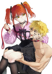 Rule 34 | 1girl, absurdres, arm around neck, black choker, black nails, black pants, black ribbon, black skirt, chainsaw man, choker, clenched hand, closed mouth, denji (chainsaw man), femdom, ghdwid, hair ribbon, hand on another&#039;s cheek, hand on another&#039;s face, heart, heart choker, high-waist skirt, highres, jirai kei, kneehighs, leash, leash pull, light smile, looking at another, makima (chainsaw man), nail polish, open mouth, pants, pink shirt, red hair, ribbon, ringed eyes, sharp teeth, shirt, short hair, simple background, skirt, socks, teeth, topless male, twintails, white background