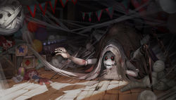 Rule 34 | 1girl, balloon, bandages, black hat, blood, broken mask, bug, character request, circus, cocoon, commentary request, doll, hand up, hat, highres, identity v, looking up, mask, monster, official art, reaching, reaching towards viewer, red eyes, silk, solo, spider, spider web, stitches, top hat, unworn mask, unworn sweater, violetta (identity v), weapon, wooden floor