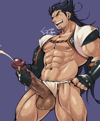 Rule 34 | 1boy, abs, bara, bare pectorals, black hair, censored, clothing aside, cum, erection, facial hair, feet out of frame, fundoshi, fundoshi aside, goatee, grin, highres, huge penis, japanese clothes, jewelry, large pectorals, leg hair, long hair, male focus, male masturbation, male pubic hair, male underwear, male underwear aside, masturbation, mature male, mosaic censoring, muscular, muscular male, navel, navel hair, necklace, nipples, no pants, pectorals, penis, projectile cum, pubic hair, shigure rangetsu, shirako (kirupi), shrug (clothing), sideburns, smile, solo, stomach, tales of (series), tales of berseria, thick thighs, thighs, tooth necklace, underwear, vambraces, white male underwear