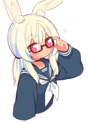 1girl adjusting_eyewear animal_ear_fluff animal_ears blonde_hair blue_sailor_collar blue_shirt blush closed_mouth commentary_request cropped_torso etrian_odyssey glasses hand_up heart heart-shaped_pupils highres long_hair long_sleeves looking_at_viewer low_twintails masurao_(sekaiju) masurao_2_(sekaiju) naga_u neckerchief pink_eyes puffy_long_sleeves puffy_sleeves rabbit_ears red-framed_eyewear revision sailor_collar sekaiju_no_meikyuu sekaiju_no_meikyuu_5 semi-rimless_eyewear shirt short_eyebrows sidelocks simple_background sleeves_past_wrists solo sparkle symbol-shaped_pupils thick_eyebrows twintails under-rim_eyewear upper_body white_background white_neckerchief