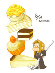 Rule 34 | 1boy, arrow (symbol), black cloak, black eyes, blonde hair, blush, cake, chibi, cloak, closed mouth, cupcake, dated, dessert, food, food focus, forehead, fork, fruit, full body, hair intakes, half-closed eyes, holding, holding fork, japanese text, kinashi, kingdom hearts, long hair, long sleeves, looking up, male focus, mini person, miniboy, nose blush, sidelocks, simple background, sleeves past fingers, sleeves past wrists, slice of cake, solo, standing, strawberry, translation request, vexen, white background, zipper