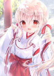 Rule 34 | 1girl, :d, absurdres, amedamacon, blush, bow, brown hair, commentary request, day, hair between eyes, hair bow, hakama, hakama skirt, highres, japanese clothes, kimono, long hair, long sleeves, looking at viewer, low twintails, miko, open mouth, original, outdoors, pinching sleeves, red bow, red eyes, red hakama, skirt, sleeves past wrists, smile, solo, twintails, very long hair, white kimono, wide sleeves