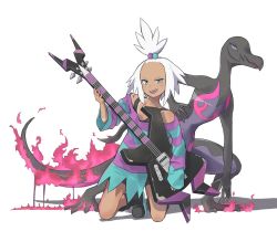 Rule 34 | 1girl, :d, ari hinoko, bike shorts, black footwear, black shirt, blue eyes, boots, creatures (company), electric guitar, fire, forehead, freckles, full body, game freak, gen 7 pokemon, guitar, gym leader, hair bobbles, hair ornament, half updo, highres, holding, holding instrument, instrument, kneeling, lizard, nintendo, open mouth, oversized clothes, oversized shirt, pokemon, pokemon (creature), pokemon bw2, roxie (pokemon), salazzle, shadow, shirt, short hair, simple background, sleeves past wrists, smile, striped clothes, striped shirt, tail, tan, tank top, tanline, teeth, tongue, torn clothes, torn shirt, v-shaped eyebrows, white background, white hair