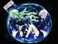 Rule 34 | 2girls, ao (ao0 0nemu), bad id, bad twitter id, black background, black jacket, black shorts, closed eyes, closed mouth, commentary request, constellation, falulu, falulu (awakened), from side, glass bottle, green hair, grey hair, hair between eyes, highres, in container, jacket, knees up, long hair, long sleeves, multiple girls, parted bangs, pretty series, pripara, profile, shikyoin hibiki, short hair, shorts, sidelocks, sitting, smile, very long hair, wavy hair, wide sleeves
