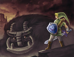 Rule 34 | 1boy, absurdres, arm guards, arrow (projectile), blonde hair, boots, cloud, cloudy sky, colossus, crossover, fingerless gloves, fur, gloves, hat, highres, hylian shield, link, male focus, master sword, nintendo, profile, quiver, red eyes, shadow of the colossus, shield, size difference, sky, sword, the legend of zelda, weapon, zinfer