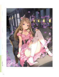 Rule 34 | 1girl, anmi, breasts, brown hair, cleavage, collarbone, couch, dress, frilled thighhighs, frills, hairband, hand on own knee, highres, horns, indoors, long hair, looking at viewer, original, pink dress, pink footwear, pink hairband, pink ribbon, purple eyes, ribbon, shoes, sitting, small breasts, smile, solo, thighhighs, white thighhighs, wrist ribbon