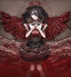 Rule 34 | 1girl, ame-chan (needy girl overdose), black eyes, black hair, black ribbon, black skirt, blood, blood on hands, collared shirt, fake wings, feet out of frame, from above, hair ornament, hair over one eye, halo, hands on own chest, highres, intestines, looking at viewer, lying, neck ribbon, needy girl overdose, ocean, on back, own hands together, partially submerged, pool of blood, red halo, red shirt, red wings, ribbon, sand, sanmanako, shirt, shirt tucked in, skirt, smile, solo, suspender skirt, suspenders, twintails, wings, x hair ornament