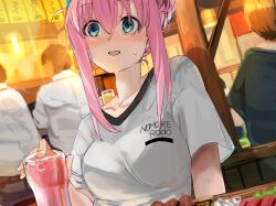 Rule 34 | 1girl, blue eyes, blurry, blush, bocchi the rock!, breasts, collarbone, commentary request, cup, depth of field, drink, funi mu9, gotoh hitori, hair between eyes, hair bun, highres, long hair, medium breasts, one eye closed, open mouth, people, pink hair, shirt, short sleeves, sidelocks, solo focus, sweatdrop, t-shirt, white shirt