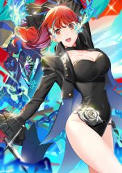 Rule 34 | 1girl, :d, arm up, bare hips, black choker, black jacket, black leotard, blue fire, blush, breasts, cendrillion (persona), chain, choker, cleavage, collarbone, commentary request, covered navel, dagger, fire, flower, frilled sleeves, frills, gloves, highres, holding, holding weapon, jacket, knife, large breasts, leotard, long hair, looking at viewer, open clothes, open jacket, open mouth, persona, persona 5, persona 5 the royal, poligon (046), ponytail, red eyes, red gloves, red hair, rose, smile, solo, sparkle, strapless, strapless leotard, thighs, v-shaped eyebrows, weapon, white flower, white rose, yoshizawa kasumi