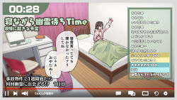 Rule 34 | 1girl, arm up, bag, bed, border, brown hair, chair, computer, curtains, desk, fake screenshot, grey border, highres, hood, hood down, hoodie, indoors, laptop, livestream, long hair, long sleeves, on bed, open mouth, original, pillow, sho bu 1116, sitting, smile, solo, speech bubble, timestamp, translation request, wooden floor