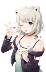 Rule 34 | 1girl, absurdres, animal ears, bear ears, black jacket, braid, choker, collarbone, comfycal, detached sleeves, dress, eyelashes, fang, flat chest, green dress, green eyes, hand up, heart, highres, holding, holding microphone, indie virtual youtuber, jacket, kumagai chisato, looking at viewer, medium hair, microphone, off-shoulder dress, off shoulder, one eye closed, side braid, simple background, single braid, solo, upper body, v, virtual youtuber, white background