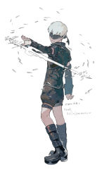 Rule 34 | 1boy, black blindfold, black footwear, black shirt, black shorts, blindfold, boots, covered eyes, detached sleeves, highres, knee boots, male focus, nier (series), nier reincarnation, outstretched arm, platform boots, platform footwear, shirt, short hair, short sleeves, shorts, simple background, solo, standing, sword, thigh strap, ukumo uichi, weapon, white background, white hair, 9s (nier:automata)