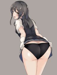 Rule 34 | 1girl, ass, black hair, black panties, black skirt, black vest, brown eyes, clothes lift, commentary request, cowboy shot, dress shirt, from behind, gloves, grey background, hair ornament, hairclip, highres, kantai collection, leaning forward, looking at viewer, looking back, open mouth, oyashio (kancolle), panties, pleated skirt, school uniform, shirt, short sleeves, simple background, skirt, skirt lift, solo, underwear, vest, wasumi kei, white gloves, white shirt