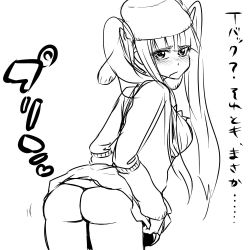Rule 34 | 1girl, ass, bleach, blush, curvy, dokugamine riruka, dress, embarrassed, female focus, hanya (hanya yashiki), hat, long hair, looking at viewer, looking back, monochrome, panties, simple background, solo, thong, translation request, twintails, underwear, white background