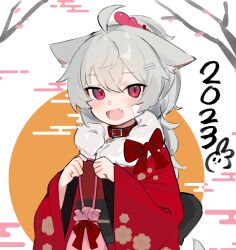 Rule 34 | 1girl, 2023, :d, ahoge, animal collar, animal ears, bag, branch, collar, egasumi, fang, fenrir (fenriluuu), fur-trimmed kimono, fur trim, grey hair, hair ornament, hairclip, highres, holding, holding bag, japanese clothes, kimono, kinchaku, long hair, long sleeves, open mouth, original, pouch, red collar, red eyes, red kimono, rir-chan, simple background, smile, solo, tail, upper body, white background, wide sleeves, wolf ears, wolf girl, wolf tail