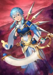 Rule 34 | 1girl, armor, black legwear, blue armor, blue eyes, blue hair, boots, bow (weapon), breastplate, cloud, cloudy sky, dutch angle, floating hair, gloves, hair between eyes, hair tubes, holding, holding bow (weapon), holding weapon, knee boots, long sleeves, looking at viewer, open mouth, outdoors, red sky, shin716, short hair with long locks, shoulder armor, side slit, sidelocks, sinon (solus), skirt, sky, solo, standing, sword art online, sword art online: alicization, weapon, white gloves, white skirt