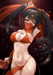 Rule 34 | 1girl, alternate costume, arabian clothes, arm up, armpits, bare shoulders, bikini, black hair, bracelet, breasts, bridal gauntlets, cleavage, dancer, date a live, earrings, gino (gino h), harem outfit, heterochromia, highres, jewelry, long hair, medium breasts, midriff, mouth veil, navel, pelvic curtain, pubic tattoo, red eyes, smile, solo, swimsuit, tattoo, tokisaki kurumi, twintails, veil, yellow eyes