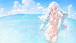 Rule 34 | 1girl, bare shoulders, bikini, blush, collarbone, commentary request, day, falling flower, falling petals, flower, highres, long hair, long sleeves, looking at viewer, mignon, navel, off shoulder, open clothes, original, outdoors, parted lips, partially submerged, petals, purple eyes, shiro-chan (mignon), smile, solo, stomach, swimsuit, teeth, thighs, water, white bikini, white hair