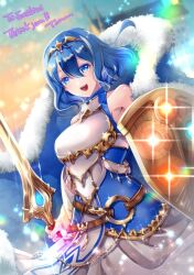 Rule 34 | 1girl, armor, armored dress, bare shoulders, blue cape, blue dress, blue eyes, blue hair, breastplate, cape, commentary request, commission, dress, english text, falchion (fire emblem), fire emblem, fire emblem awakening, fur-trimmed cape, fur trim, gold trim, holding, holding shield, holding sword, holding weapon, jewelry, looking at viewer, morgan (female) (fire emblem), morgan (fire emblem), nintendo, open mouth, shield, skeb commission, skyscope, sleeveless, sleeveless dress, smile, solo, sword, tiara, two-tone dress, wavy hair, weapon, white dress