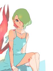 Rule 34 | 1girl, breath of fire, breath of fire v, closed mouth, dress, facial mark, green hair, hair over one eye, highres, jewelry, looking at viewer, meitarou, nina (breath of fire v), red wings, short hair, simple background, solo, tattoo, white background, white dress, wings