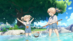 Rule 34 | 2girls, 3d background, :d, ^ ^, aged down, alternate costume, barbara (genshin impact), beiyi, bow, casual, closed eyes, commentary, drill hair, english commentary, fish, fishing net, genshin impact, hair between eyes, hair bow, hair ribbon, highres, holding, in water, jean (genshin impact), light brown hair, long hair, looking at another, multiple girls, open mouth, outstretched arms, overalls, ponytail, ribbon, river, short sleeves, shorts, siblings, sidelocks, sisters, smile, spread arms, suspenders, twin drills, twintails, wading, wet, wet clothes, wind