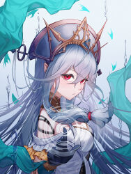 Rule 34 | 1girl, absurdres, arknights, black gloves, breasts, cangxi, cleavage, dress, fish, from side, front ponytail, gloves, grey hair, grey headwear, highres, layered dress, long hair, looking at viewer, medium breasts, off-shoulder dress, off shoulder, official alternate costume, red eyes, ripples, sidelocks, skadi (arknights), skadi the corrupting heart (arknights), skadi the corrupting heart (sublimation) (arknights), solo, upper body, wrist guards