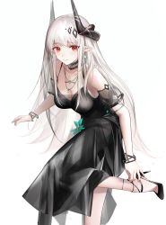 Rule 34 | 1girl, absurdres, arknights, bare shoulders, black choker, black dress, black footwear, bracelet, breasts, chinese commentary, choker, cleavage, collarbone, detached sleeves, dress, earrings, foot out of frame, high heels, highres, horns, jewelry, looking at viewer, medium breasts, mudrock (arknights), mudrock (obsidian) (arknights), necklace, official alternate costume, pointy ears, red eyes, short sleeves, simple background, solo, standing, standing on one leg, white background, white hair, yist