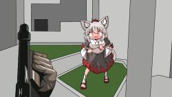 Rule 34 | 1girl, 1other, animal ear fluff, animal ears, black skirt, clenched hand, crying, crying with eyes open, detached sleeves, doom (series), doom ii, furrowed brow, geta, gun, hat, highres, holding, holding gun, holding weapon, inubashiri momiji, japanese clothes, kasuya baian, long skirt, looking at viewer, myhouse.wad, open mouth, parody, peril, pom pom (clothes), pov, pov hands, pump action, sad, scared, scene reference, shirt, short hair, shotgun, skirt, solo focus, sweatdrop, tabi, tareme, tears, tokin hat, touhou, undershirt, weapon, white hair, white shirt, wolf ears, wolf girl