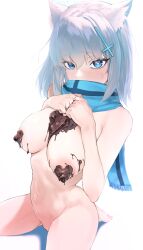 Rule 34 | 1girl, absurdres, animal ear fluff, animal ears, barefoot, black scarf, blue archive, blue eyes, blue scarf, blush, breasts, chocolate, chocolate on body, chocolate on breasts, commentary request, covered mouth, food, food on body, grey hair, hair ornament, halo, highres, kazane-wind, looking at viewer, medium breasts, medium hair, melting, mismatched pupils, naked scarf, navel, nude, pussy, scarf, scarf over mouth, shiroko (blue archive), simple background, sitting, solo, stomach, sweatdrop, tail, valentine, wariza, white background