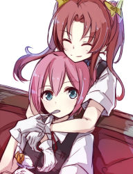 Rule 34 | 10s, 2girls, ^ ^, bad id, bad pixiv id, berukko, blue eyes, brown hair, closed eyes, dress shirt, gloves, hair ribbon, hug, hug from behind, kagerou (kancolle), kantai collection, long hair, multiple girls, personification, pink eyes, pointy ears, ribbon, shiranui (kancolle), shirt, short sleeves, spoon, twintails, upper body, utensil in mouth, white gloves