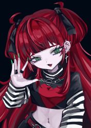 Rule 34 | 1girl, black background, black ribbon, black shirt, blunt bangs, breasts, chain, cropped shirt, fingernails, green eyes, green nails, hair ribbon, hand up, heart, heart print, highres, jewelry, layered sleeves, long fingernails, long hair, long sleeves, looking at viewer, midriff, multiple rings, navel, navel piercing, open mouth, original, piercing, print shirt, red hair, ribbon, ring, shiona (siona0625), shirt, short over long sleeves, short sleeves, simple background, small breasts, solo, striped clothes, striped shirt, tongue piercing, two side up, upper body, very long hair